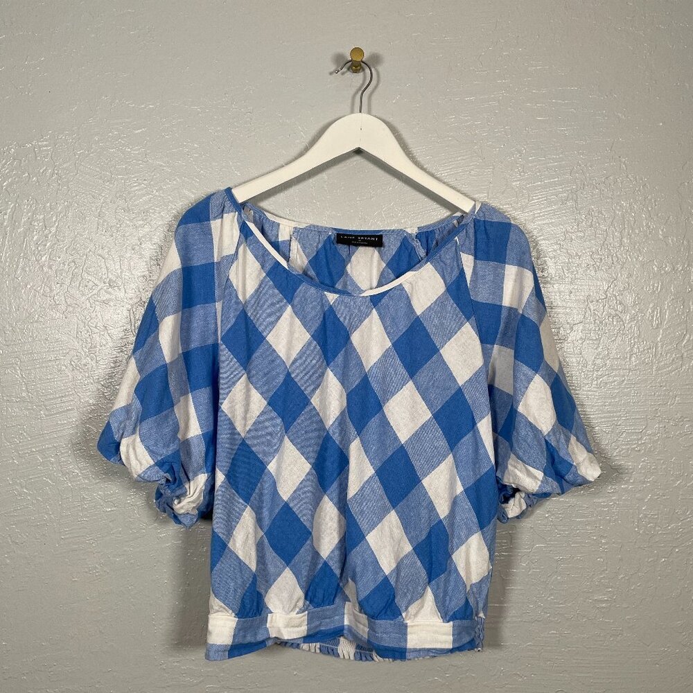 Lane Bryant Women Plus Size 14 Blue White Gingham Plaid Crop Top Balloon Sleeves